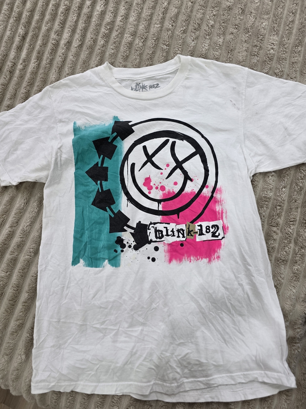 Blink-182 White Graphic Band Tee with Teal & Hot Pink Print